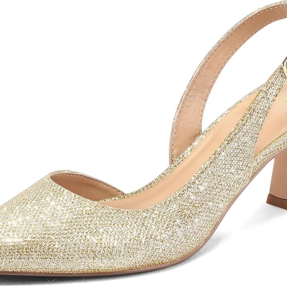 Women's Glitter Slingback Pumps 2-Inch Kitten Heels Pointed Toe Dress Shoes